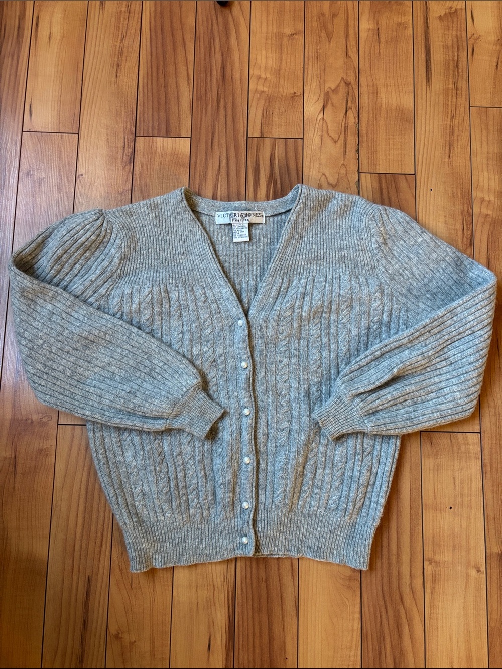 Wool and Rabbit Blend Victoria Jones Gray V-Neck Cardigan with Pearl Buttons